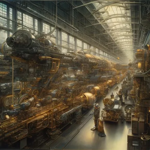 Prompt: Jim Burns,  Albert Robida, Masamune Shirow, Katsuhiro Otomo, fine lines, Japanese Anime, surreal, realistic, weird, hyper detailed, sci-fi, fantasy, realistic, Temporal Orrery, Mecha-loving high school girl, in the factory, under repair, high resolution high definition high quality masterpiece, girl with perfect voluminous body, tight fitting low cut mechanic uniform 