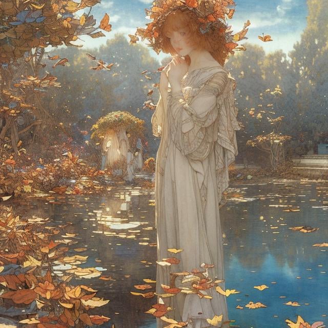 Prompt: Charles Robinson, Eleanor Fortescue-Brickdale, Japanese Anime　surreal　fanciful　wondrous　strange　Whimsical　Sci-Fi Fantasy　Cafe sinking in the sea of autumn leaves　beautiful innocent girl Hyperdetailed high resolution high quality masterpiece