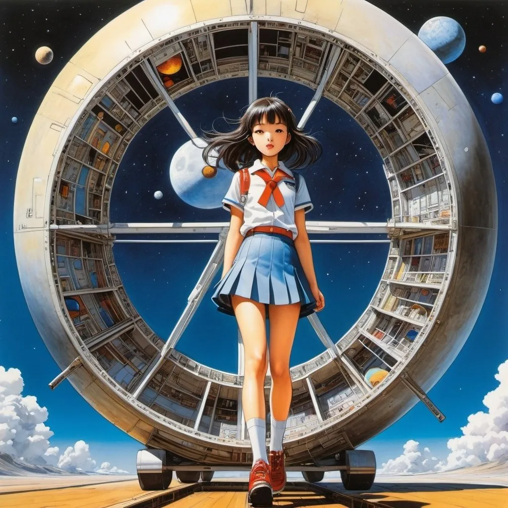 Prompt: Katsuhiro Otomo, Patryk Hardziej, James Albon, Shusei Nagaoka, Hannah Frank full colours, Surrealism, mysterious, strange, bizarre, fantasy, Sci-fi, Japanese anime, beautiful high school girl in a miniskirt stepping on the bellows of the sun, perfect voluminous body, solar system on a paper potter's wheel, moon boat, cross section, blueprint, detailed masterpiece 