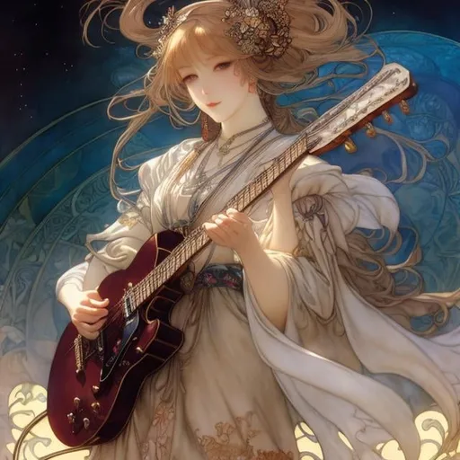 Prompt: Arthur Rackham, Alphonse Mucha, Surreal, mysterious, strange, fantastical, fantasy, Sci-fi, Japanese anime, paper zoo, miniskirt kimono, beautiful girl playing electric guitar, blonde, hyper detailed masterpiece high resolution definition quality, depth of field cinematic lighting 