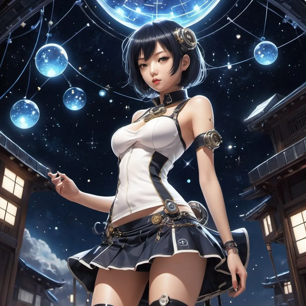 Prompt: André Mare, Kazue Kato, Surreal, mysterious, strange, fantastical, fantasy, Sci-fi, Japanese anime, mechanical punk constellation, miniskirt beautiful girl, perfect voluminous body, mysterious object, detailed masterpiece 