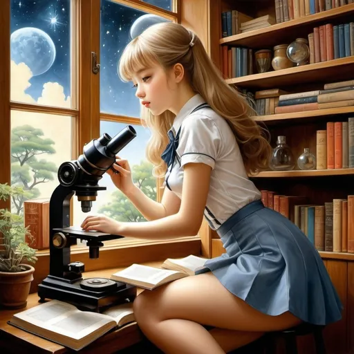 Prompt: Ernest Chiriacka, Adrienne Segur, Hugo Simberg, Fritz Baumgarten, Chiho Saito, Surrealism, wonder, strange, bizarre, fantasy, Sci-fi, Japanese anime, books as space models, beautiful high school girl in a miniskirt looking through a microscope, perfect voluminous body, sealed star, detailed masterpiece low high angles extreme perspectives