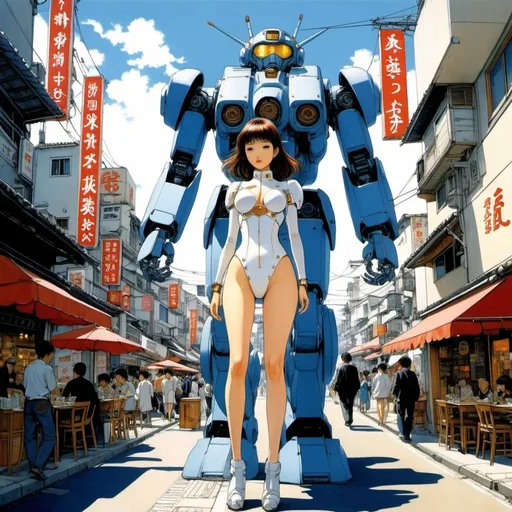 Prompt: Naoyuki Kato, Katsuhiro Otomo, Katsuya Terada, Surreal, mysterious, bizarre, sci-fi, Japanese anime, beautiful girl in a mecha suit with a half-mechanical body, perfect voluminous body, walking around town, cafe, giant robot, detailed masterpiece bird’s eye views