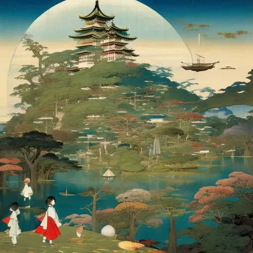 Prompt: Japanese style, Richard Dadd. Japanese Anime, Mysterious Strange Fantastic Absurd Sci-Fi Fantasy Peter Pan and Wendy Flying Children Pirate Ship, hyper detailed high resolution high definition high quality masterpiece 