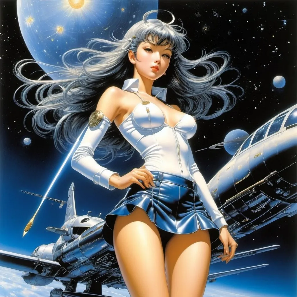 Prompt: Hajime Sorayama, Masamune Shirow, Don Lawrence, Emanuele Luzzati, Heikala, Surrealism, wonder, strange, bizarre, fantasy, Sci-fi, Japanese anime, starry sky encyclopedia that travels through the sky, planetary specimen box, miniskirt beautiful high school girl, perfect voluminous body, detailed masterpiece 