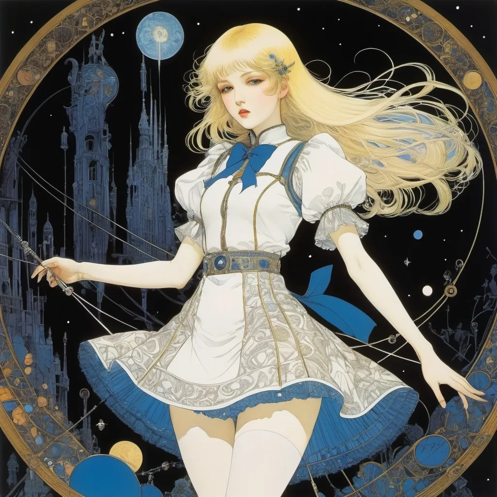 Prompt: Harry Clarke, Naoyuki Kato, Tatsuyuki Tanaka, Federico Castellón, Franklin Booth, Surrealism, Mysterious, Weird, Outlandish, Fantasy, Sci-Fi, Japanese Anime, Alice, the beautiful blonde miniskirt girl who winds the screw of time, because the world has stopped, perfect voluminous body, detailed masterpiece 