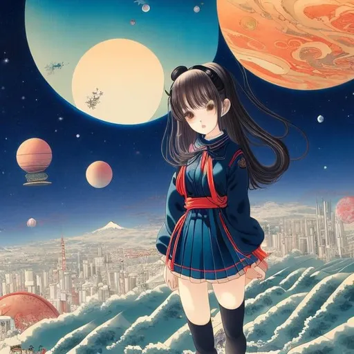 Prompt: Ukiyo-e style, Margaret Tarrant, surreal, mysterious, strange, fantastical, fantasy, sci-fi fantasy, planets of the solar system surrounding Tokyo Tower, high school girl in miniskirt, hyper detailed high resolution high definition high quality masterpiece 