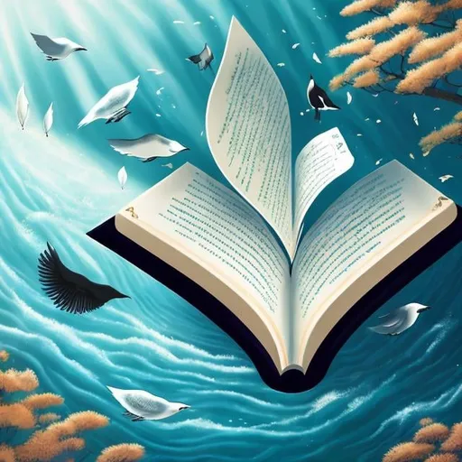 Prompt: Mizuho Aimoto, EEVA NIKUNEN, Surreal, mysterious, strange, fantastical, fantasy, Sci-fi, Japanese anime, the sea inside a book, several seagulls, a small steamship, a beautiful girl in a miniskirt reading a book, perfect voluminous body, detailed masterpiece 