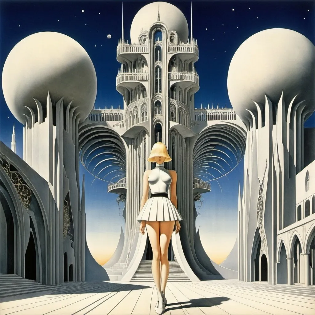 Prompt: Kay Nielsen, Giorgio de Chirico, daisukerichard, Conroy Maddox, Masakane Yonekura, Surrealism, strange, bizarre, fantastical, fantasy, Sci-fi, Japanese anime, geometric architecture, paper architecture era, tangled organic architecture, miniskirt beautiful girl architect, perfect voluminous body, detailed masterpiece 