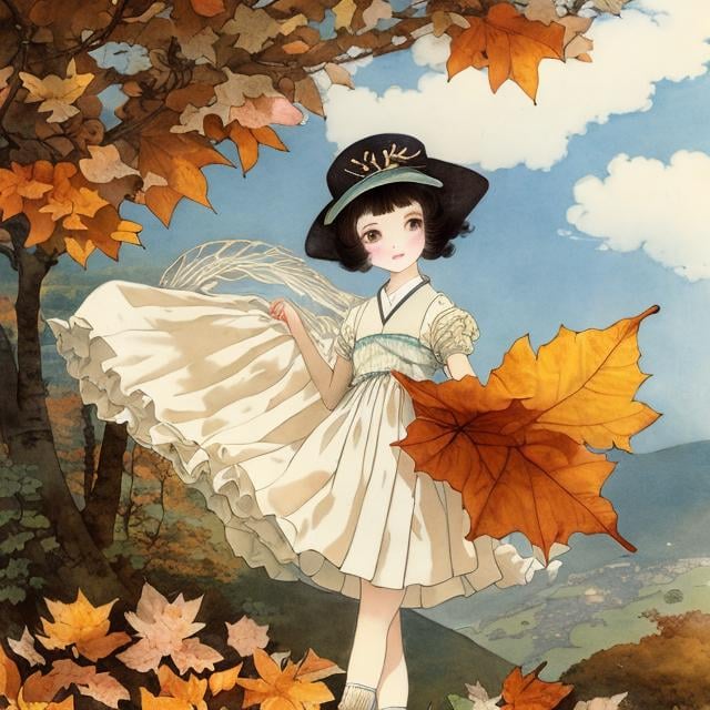 Prompt: Kate Greenaway, Cicely Mary Barker, Japanese style anime mysterious strange bizarre surreal fantasy sci-fi fantasy miniskirt high school girl slowly descending through the air holding on to a giant autumn leaf, hyperdetailed high resolution high definition high quality masterpiece