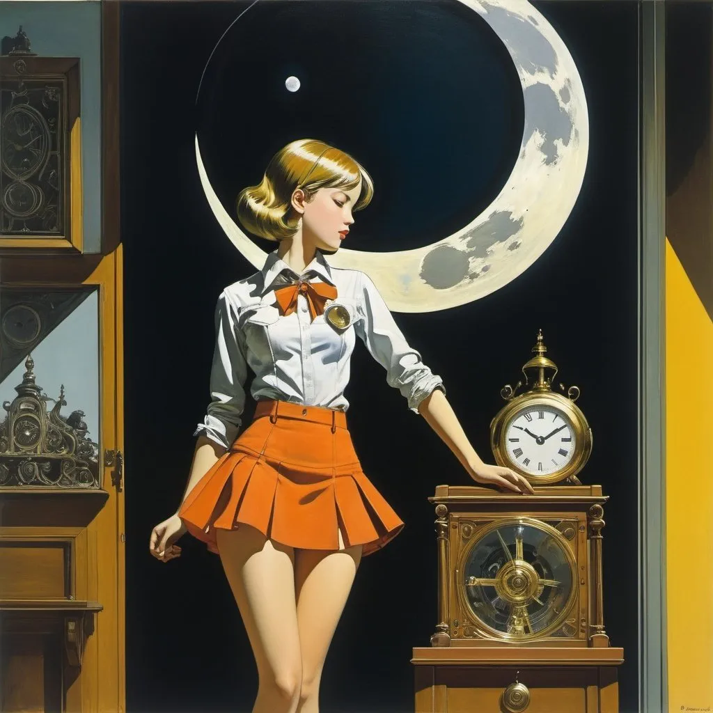 Prompt: Graham Sutherland, Philippe Berthet, Surreal natural history, mysterious, bizarre, fantastical, fantasy, sci-fi, Japanese anime, the moon of a sleeping mechanical clock, the beautiful high school girl in a miniskirt in the mirror, perfect voluminous body, detailed masterpiece reflections 