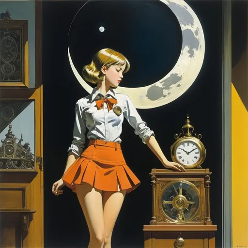 Prompt: Graham Sutherland, Philippe Berthet, Surreal natural history, mysterious, bizarre, fantastical, fantasy, sci-fi, Japanese anime, the moon of a sleeping mechanical clock, the beautiful high school girl in a miniskirt in the mirror, perfect voluminous body, detailed masterpiece reflections 