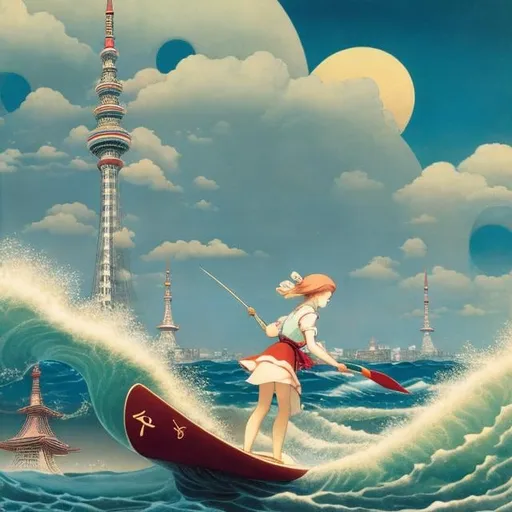 Prompt: F Cayley Robinson, Charles Ricketts, surreal, Japanese Anime, mysterious, strange, fantastical, fantasy, Sci-fi fantasy, great waves, Tokyo Tower, Alice the girl riding the waves, detailed high resolution definition quality masterpiece 