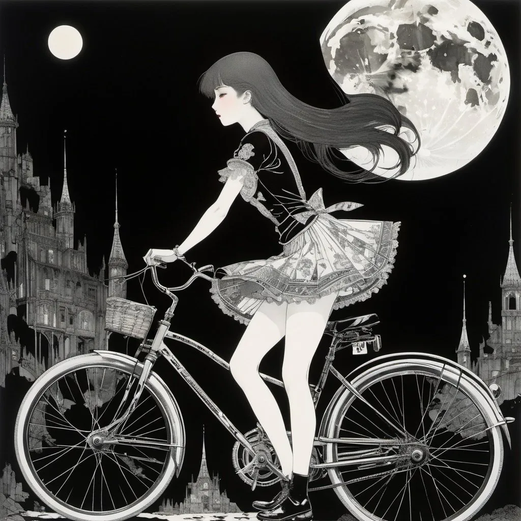 Prompt: Harry Clarke, Shigeru Tamura, Surreal, mysterious, strange, fantastical, fantasy, Sci-fi, Japanese anime, darkness beyond the night, the moon sleeps on the ground, a bicycle trip of a beautiful girl in a miniskirt, perfect voluminous body, detailed masterpiece 