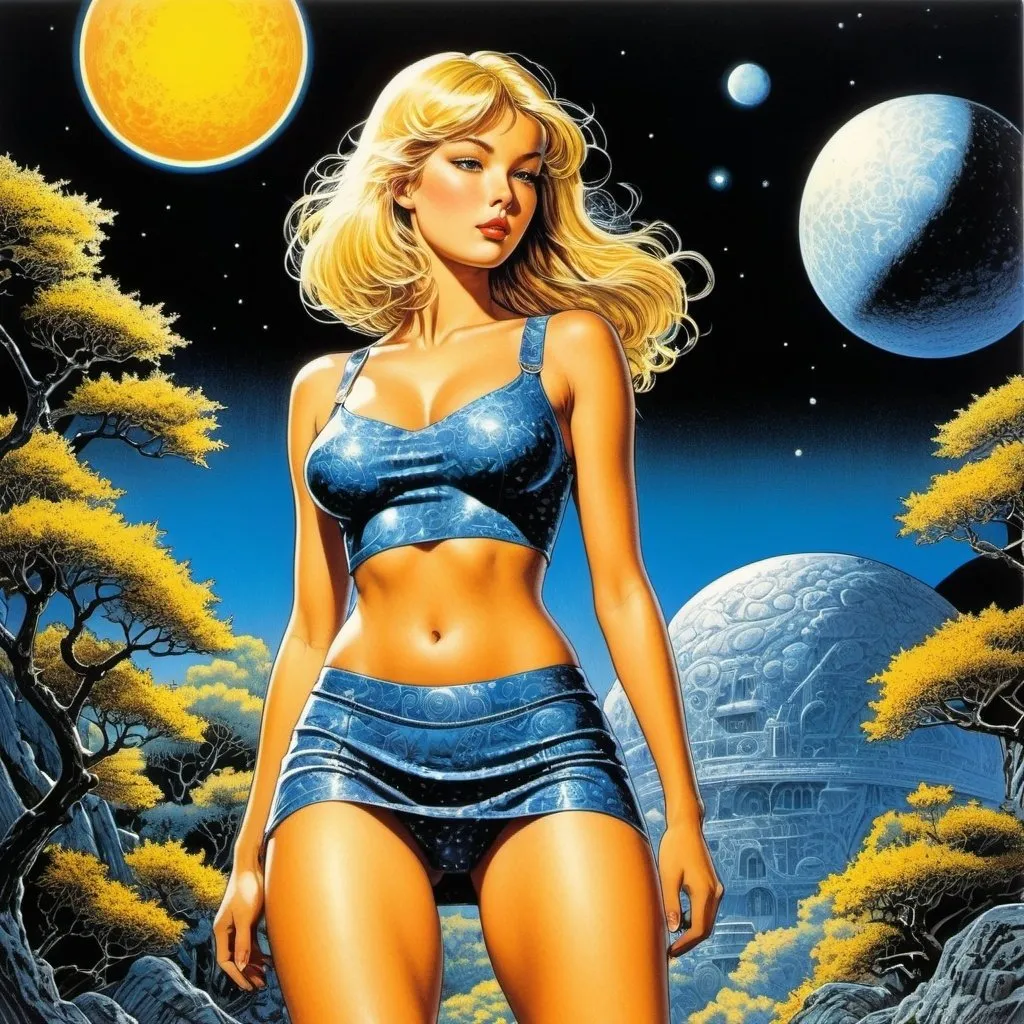 Prompt: Virgil Finlay full colours, Ernst Kreidolf, Peter Lloyd, Katsuhiro Otomo, Elena Odriozola, Surrealism Mysterious Weird Fantastic Fantasy Sci-fi, Japanese Anime, Walk from the bedroom to the kitchen, Savannah, Midnight sun, Beautiful blonde miniskirt girl Alice, perfect voluminous body, detailed masterpiece 