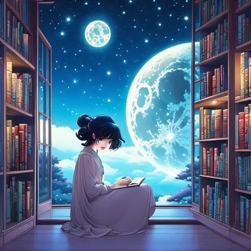 Prompt: Franklin Booth Japanese Anime　wondrous　strange　Whimsical　surreal　fanciful　Sci-Fi Fantasy　Moon setting over the library　solo girl 