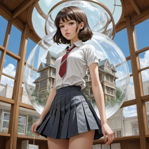 Prompt: Katharine Sturges, Iwao Takamoto, Surreal, mysterious, strange, fantastical, fantasy, Sci-fi, Japanese anime, glass bulb, beautiful high school girl in miniskirt, perfect voluminous body, architectural drawing, perspective drawing, cross-sectional view, spring-loaded, detailed Masterpiece 