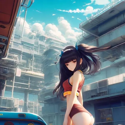 Prompt: Ed Valigursky, Chris Foss, Surreal, mysterious, strange, fantastical, fantasy, Sci-fi, Japanese anime, satellite launch, beautiful miniskirt high school girl and cat, perfect voluminous body, ocean in the back alley, hyper detailed masterpiece high resolution definition quality, depth of field cinematic lighting 