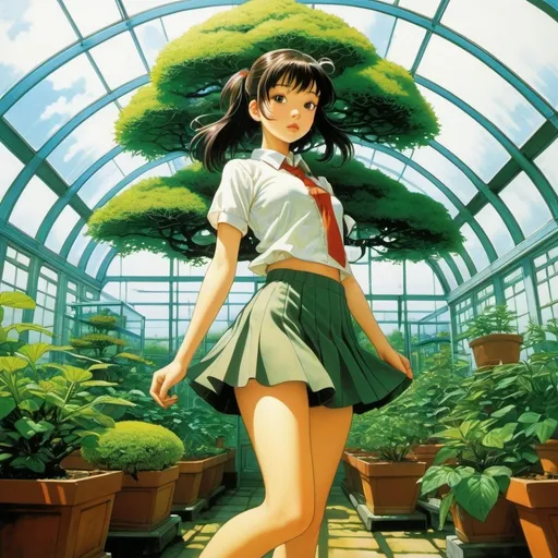 Prompt: Kikuji Yamashita, F. K. Waechter, Satoshi Kon, Erik Kriek, Peter Spier, Surrealism, wonder, bizarre, bizarre, fantasy, sci-fi, Japanese anime, a beautiful high school girl in a miniskirt growing from a giant bonsai, perfect voluminous body, a glass greenhouse in the city, plants singing at night, detailed masterpiece 