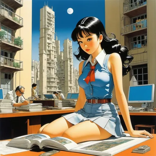 Prompt: Katsuhiro Otomo, Antonio Sant'Elia, Giorgio de Chirico, Stanley Roy Badmin, Jean-Claude Mézières, Surrealism, wonder, strange, bizarre, fantasy, Sci-fi, Japanese anime, city and moon on the desk, beautiful high school girl in a miniskirt entering the city planning blueprints, perfect voluminous body, detailed masterpiece 