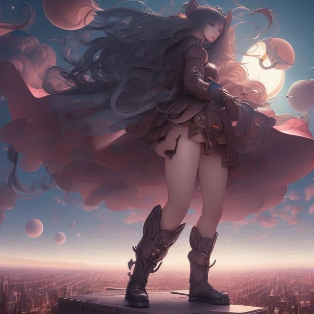 Prompt: James Jean, Hieronymus Bosch, Surreal, mysterious, strange, fantastical, fantasy, Sci-fi, Japanese anime, walking city, brick giant, miniskirt beautiful girl shooting at the moon, perfect voluminous body, detailed masterpiece wide angles 