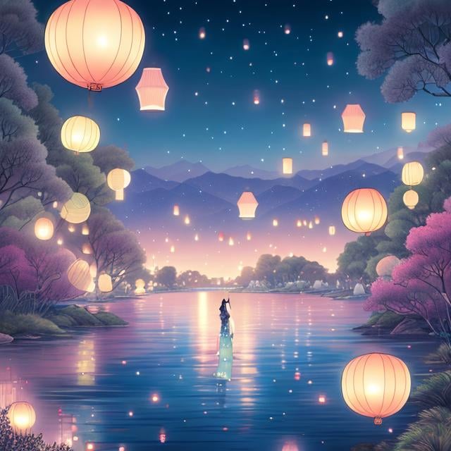 Prompt: Kate Greenaway, Japanese anime,  surreal　wondrous　strange　Whimsical　fanciful　Sci-Fi Fantasy　Toronto Night View　Flying lanterns　Solo girl, hyperdetailed high resolution high quality high definition masterpiece, manga lines, realistic Hand drawn rough illustration 