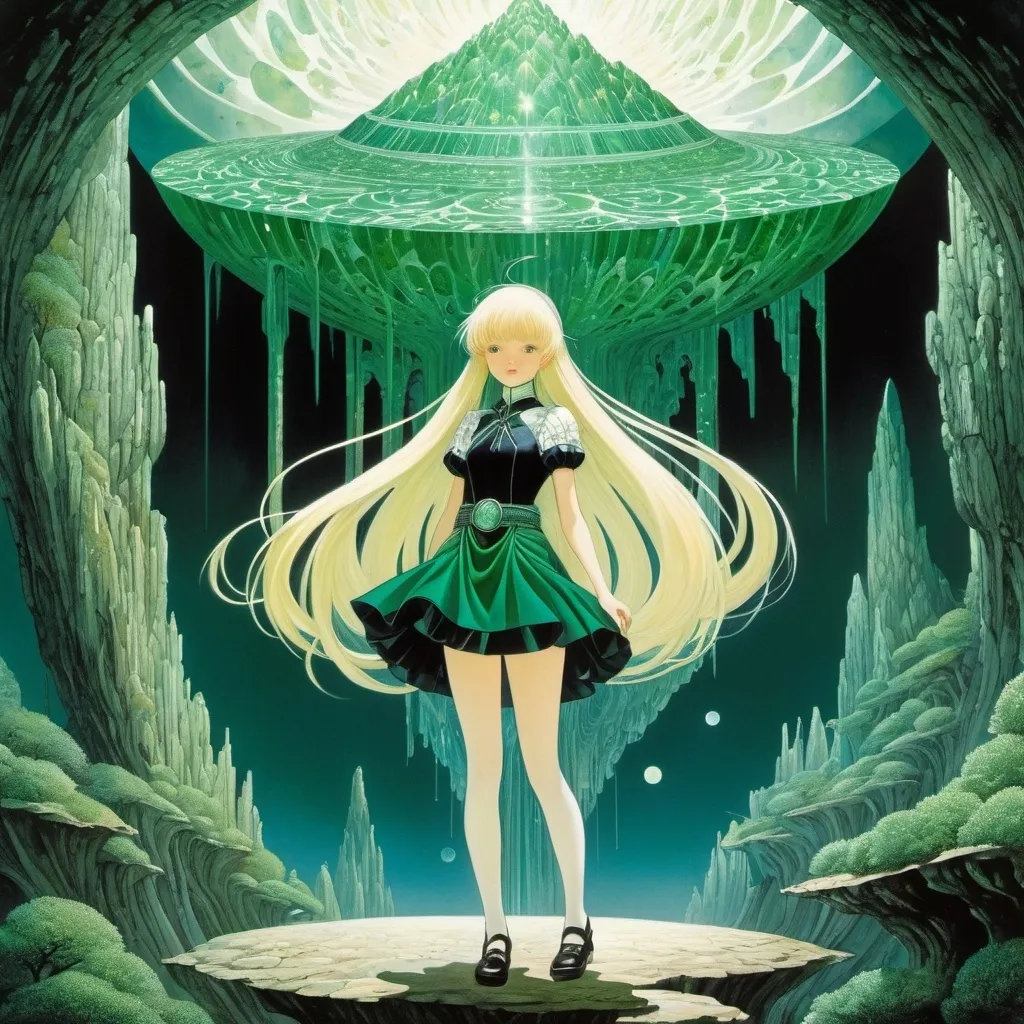 Prompt: Kay Nielsen, Levi Pinfold, Stanislao Lepri, Aurélie Neyret, Yoshitaka Amano, Surrealism Mysterious Weird Fantastic Fantasy Sci-Fi, Japanese Anime, Malachite, Attic Mineral Collection, Dendrite, Mineral World Beautiful Blonde Miniskirt Girl Alice, perfect voluminous body, detailed masterpiece 