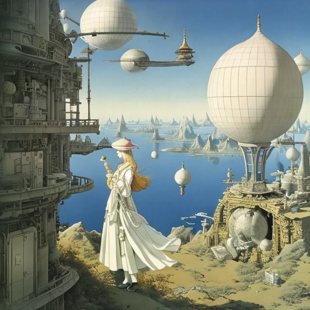 Prompt: Virpi Talvitie, Heath Robinson, Surreal, mysterious, strange, fantastical, fantasy, Sci-fi, Japanese anime, Terra Incognita, Alice, a blonde miniskirt beautiful girl who pursues the structure of the celestial sphere and researches it, detailed masterpiece 