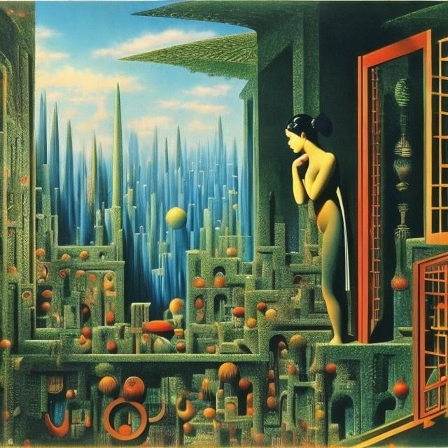Prompt: Max Ernst Surreal, mysterious, strange, bizarre, fantasy, Sci-fi, Japanese anime, beautiful girl, depicting things that cannot be represented, visions, inside the mirror, animals, flowers, people, labyrinths, buildings, future memories, visions and modeling, detailed masterpiece 