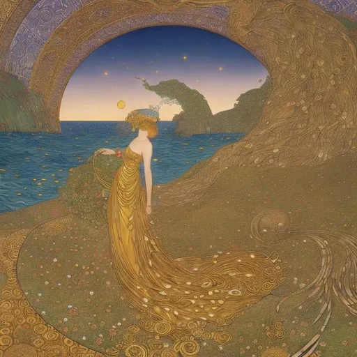 Prompt: Walter Crane, Klimt, Winsor McCay, Japanese Anime, Surreal Mysterious Bizarre Fantastic Sci-Fi Fantasy, Star Lore, Grape Harvest, Acturus, Sea Bream, Uoshima Star, Moon Sun Milky Way, detailed, high resolution high definition high quality masterpiece 