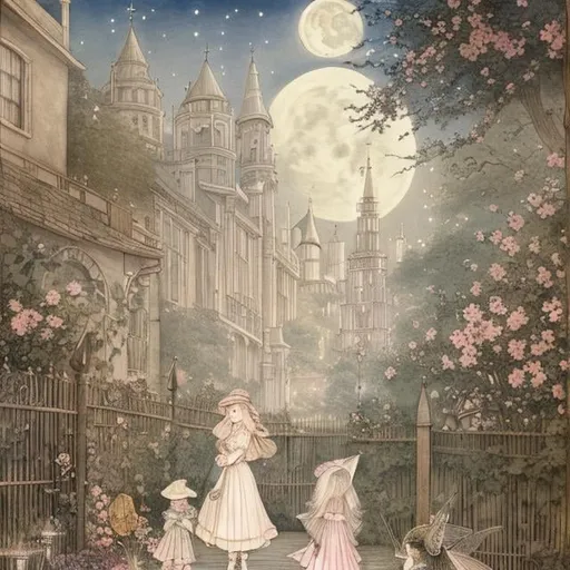 Prompt: Cicely Mary Barker, Margaret Tarrant, Virginia Frances Sterrett, street of london, 18th century, huge moon, hourglass in night, fairy lady, to a Ball, hyper detailed, Japanese anime, manga lines, high quality high resolution high definition masterpiece 