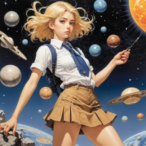 Prompt: Emma Chichester Clark, Junaida, Edmund Blampied, Moto Hagio, Hirohiko Araki, Surrealism, wonder, weird, bizarre, fantasy, Sci-fi, Japanese anime, shells, fossils, and constellations, miniskirt beautiful high school girl assembling the solar system, perfect voluminous body, do-it-yourself carpentry, detailed masterpiece low high angles perspectives