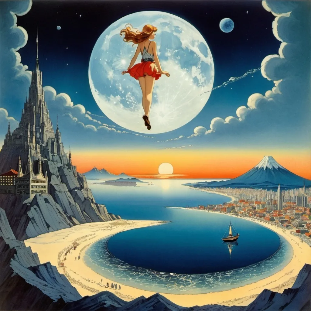 Prompt: Virginia Frances Sterrett, Mario Laboccetta, Charles Ricketts, Vladimir Favorsky, Nikolai Bartram, Surrealism, wonder, strange, bizarre, fantasy, Sci-fi, Japanese anime, Tokyo, a city submerged in liquid crystal, a beautiful high school girl in a miniskirt diving high into the sky, perfect voluminous body, stars on the ocean floor, a cracked moon, detailed masterpiece 