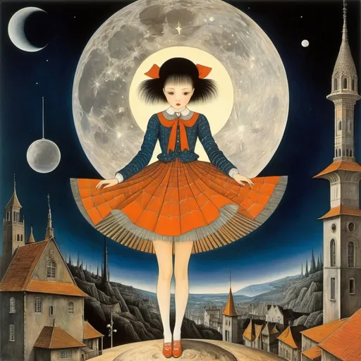Prompt: Claude Ponti, Remedios Varo, Harry Clarke, Mysterious, bizarre, bizarre, fantasy, Sci-fi, Japanese anime, miniskirt beautiful high school girl playing in surrealism, perfect voluminous body, a small planet and a large moon, sinking into a picture book, detailed masterpiece 