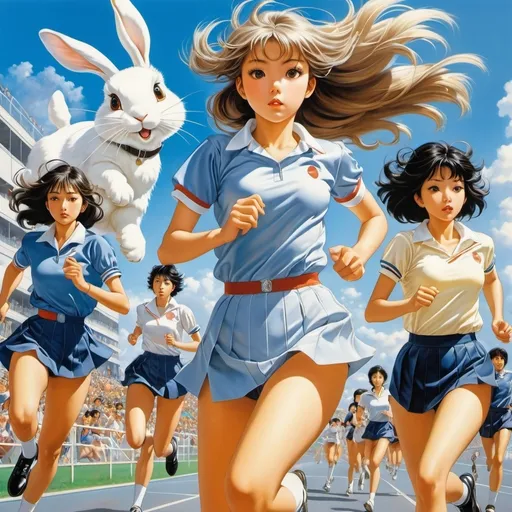 Prompt: Hajime Sorayama, Naoyuki Kato, Jan Sawka, Moto Hagio, Władysław T. Benda, Surrealism, wonder, strange, fantastical, fantasy, Sci-fi, Japanese anime, sports day on the clock face, miniskirt beautiful high school girl in a running race with rabbit, perfect voluminous body, goal in, detailed masterpiece dynamic action poses angles low high perspectives 