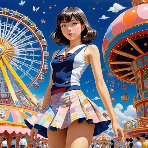 Prompt: Olivier Ledroit, Gino Severini, Surreal, mysterious, strange, fantastical, fantasy, Sci-fi, Japanese anime, miniskirt beautiful girl's transformation ability, perfect voluminous body, amusement park, detailed masterpiece 