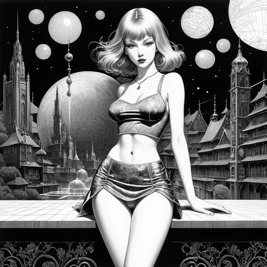 Prompt: František Štorm, Virgil Finlay, Kay Nielsen, Renáta Fučíková, Beresford Egan, Surrealism Mysterious Weird Fantastic Fantasy Sci-Fi, Japanese Anime, Study Universe Desk, Manuscript Paper, Fountain Pen, Pencil Globe Night Desk Scenery and City Miniskirt Beautiful High School Girl, perfect voluminous body, detailed masterpiece 