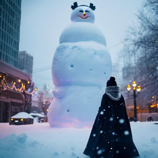 Prompt: Anne Anderson, Adrienne Segur, Surreal, mysterious, bizarre, fantastical, fantasy, Sci-fi, Japanese anime, Christmas Eve, it's snowing, a giant moving snowman suddenly appears in the city of Toronto, the snowman carries a beautiful girl in a Santa costume on his shoulders and walks through the city, the police are also dispatched, the city is in a festive mood, detailed masterpiece 