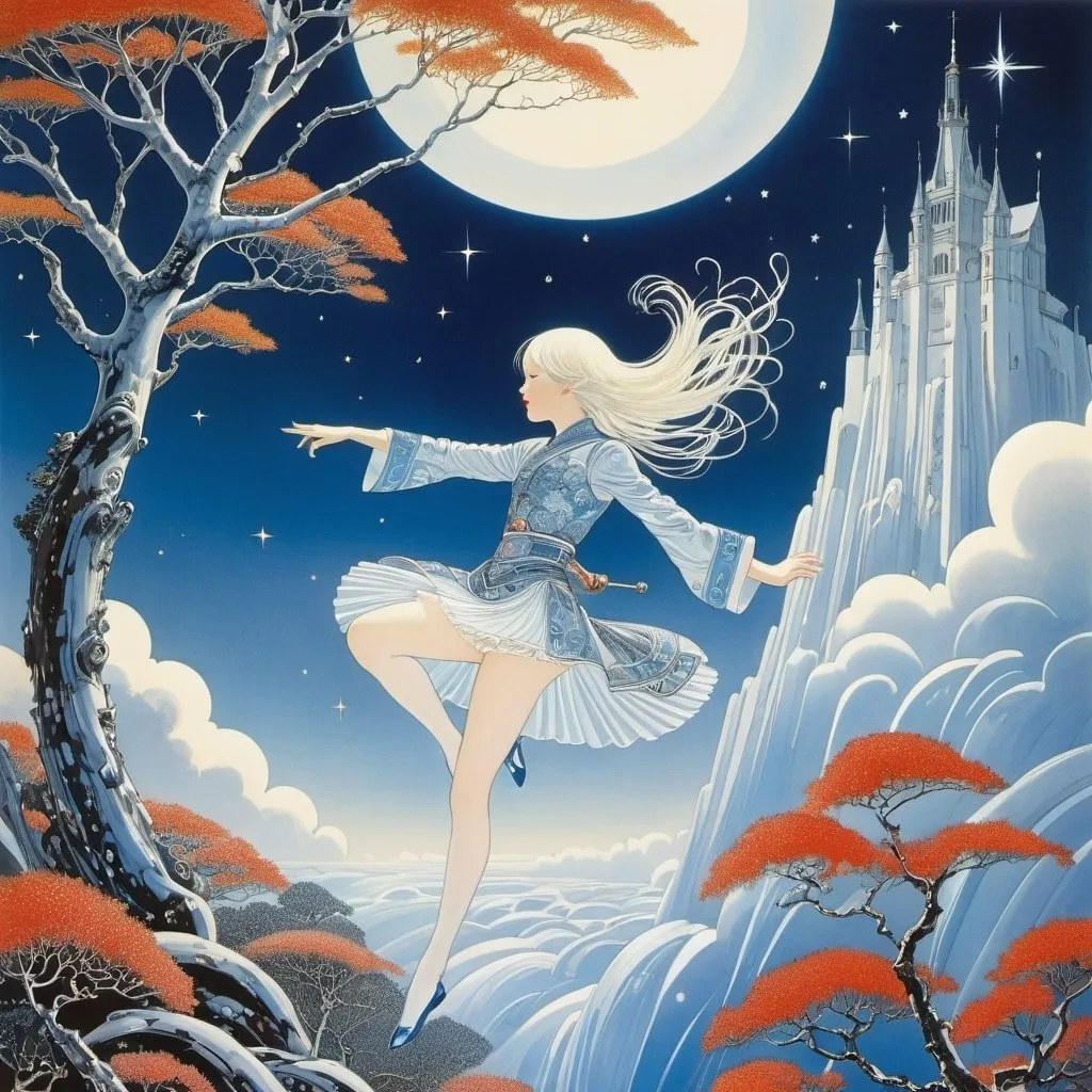 Prompt: Kay Nielsen, William Soare, James Jean, Edd Cartier full colours, Joe Doolin, Surrealism, wonder, strange, bizarre, fantasy, Sci-fi, Japanese anime, theater in the tree, shooting stars in the net, blue silver sky, miniskirt beautiful high school girl, perfect voluminous body, detailed masterpiece, dynamic action poses