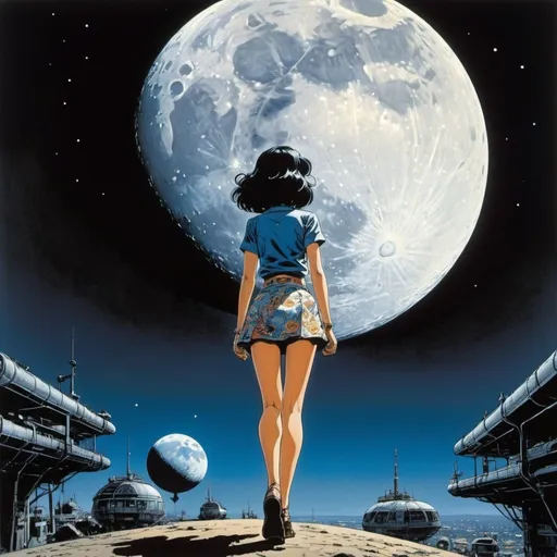 Prompt: Jim Steranko, Katsuhiro Otomo, Surreal, mysterious, strange, fantastical, fantasy, sci-fi, Japanese anime A beautiful girl in a miniskirt walks towards the moon, Alone on a starless night, perfect voluminous body, with only the moon on the horizon, gravity no longer makes sense Cameras and airships detailed, detailed masterpiece