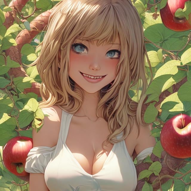 Prompt: Sydney Sime, Japanese anime, Katsuhiro Otomo, manga lines, Eve, solo girl, blonde hair innocent young looking beautiful face, perfect body tight dress, smiling, under apple Tree, holding an apple, huge snake, hyperdetailed, realistic, high resolution, high quality, high definition, masterpiece 