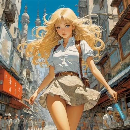 Prompt: Filiberto Scarpelli, Katsuya Terada, Riccardo Guasco, Erte, Hideki Arai, Surrealism, wonder, bizarre, fantastical, fantasy, Sci-fi, Japanese anime, micrometeorite search guide, beautiful blonde miniskirt girl Alice searching for invisible gems in the city, perfect voluminous body, origin, formation process, arrival, classification of micrometeorites, Darwin glass, magnetite, flashlight, detailed masterpiece 