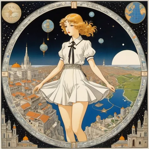 Prompt: M C Escher, George Barbier, Paweł Kuczyński, André Hellé, Eiki EIKI, Surrealism Mysterious Weird Fantastic Fantasy Sci-Fi, Japanese Anime, Earth Ellipsoid and Map Projection, Holy Land of Surveying, Trigonometric Leveling, Miniskirt Beautiful High School Girl, perfect voluminous body, detailed masterpiece 