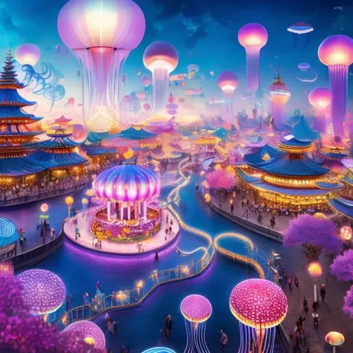 Prompt: Henryk Waniek, kiichi Okamoto, Surreal, mysterious, strange, fantastical, fantasy, Sci-fi, Japanese anime, department store rooftop, sweets amusement park, miniskirt beautiful girl's first date, perfect voluminous body, happy fun, aerial jellyfish, giant octopus, fairy tale, detailed masterpiece 