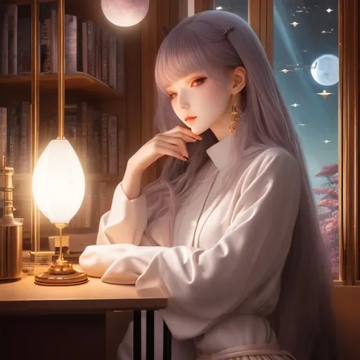 Prompt: Rafał Olbiński, Koloman Moser, Surreal, mysterious, strange, fantastical, fantasy, Sci-fi, Japanese anime, moon on paper, sea sleeping in the basement, beautiful miniskirt high school girl, taking a break at a cafe, hyper detailed masterpiece high resolution definition quality, depth of field cinematic lighting 