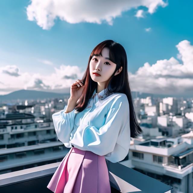 Prompt: Takako Hirai, Junaida, Heikala, Surreal, mysterious, strange, fantastical, fantasy, Sci-fi, Japanese anime, sweets house, beautiful high school girl in a miniskirt who climbs on the roof to eat, perfect voluminous body, pale blue and pink sky, clouds, hyper detailed masterpiece, 