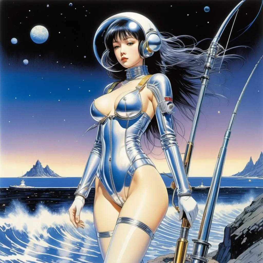 Prompt: Harry Clarke, Hajime Sorayama, Naoyuki Kato, Masamune Shirow, Zinaida Serebriakova, Surrealism, strange, bizarre, fantastical, fantasy, Sci-fi, Japanese anime, on the shores of the galaxy, a beautiful girl in a space suit, perfect voluminous body, pole-and-line fishing for a comet, detailed masterpiece 