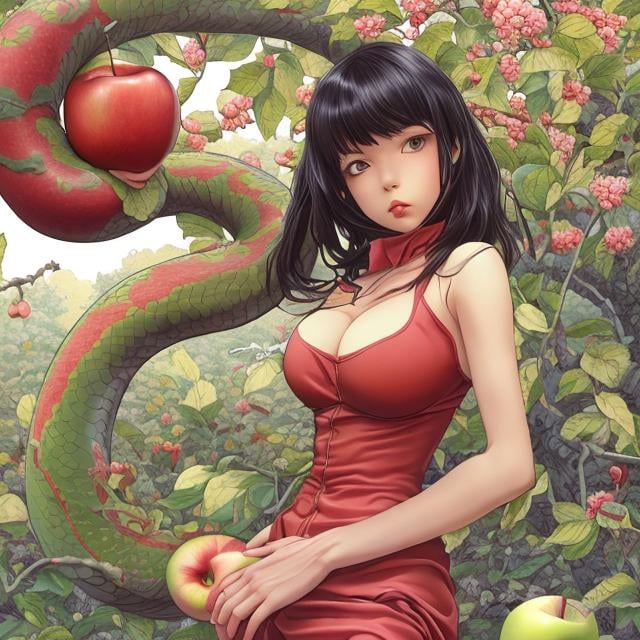 Prompt: Sydney Sime, Japanese anime, Katsuhiro Otomo, manga lines, Eve, solo girl, beautiful face, perfect body tight dress, under apple Tree, holding an apple, huge snake, hyperdetailed, realistic, high resolution, high quality, high definition, masterpiece 