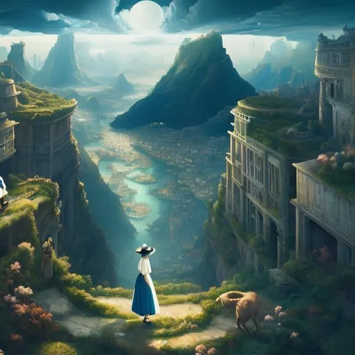 Prompt: Kate Greenaway, Surreal Mystery Strange Fantastic Fantasy Sci-fi Fantastic, Japanese Anime, Linear Perspective, Mannerism, Panorama, Photography, Cubism, Miniskirt Girl Alice, Establishment of Perspective, Collapse of Renaissance Space, Tableau and Panorama, Rebellion and Challenge to Perspective, detailed masterpiece high resolution definition quality, depth of field, cinematic lighting 