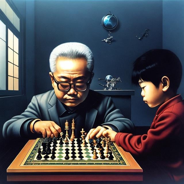 Prompt: Katsuhiro Otomo, A E Marty, Surreal, mysterious, strange, fantastical, fantasy, sci-fi, Japanese anime, boy playing chess with a skeleton, detailed masterpiece 